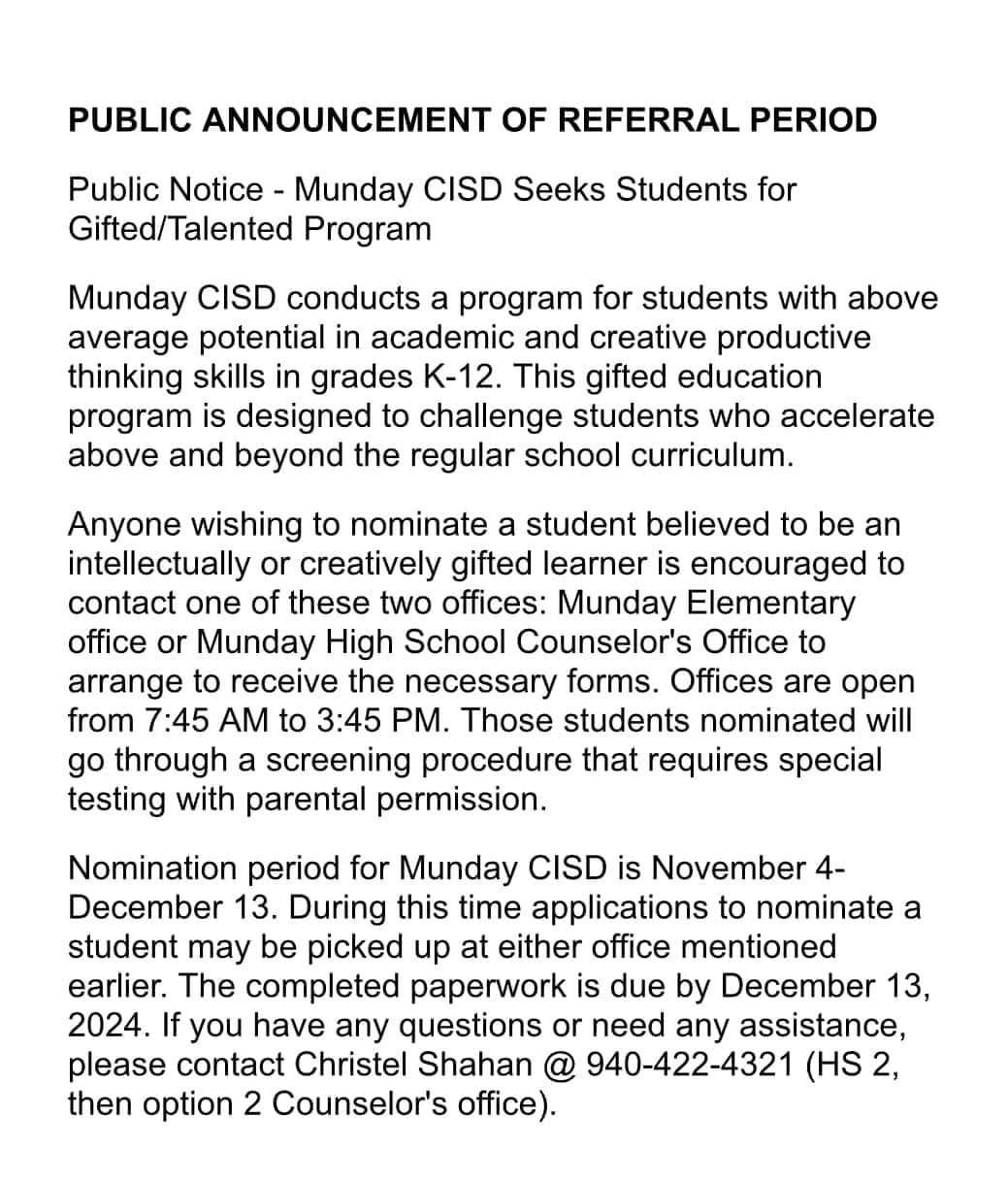 GT Referral Munday CISD