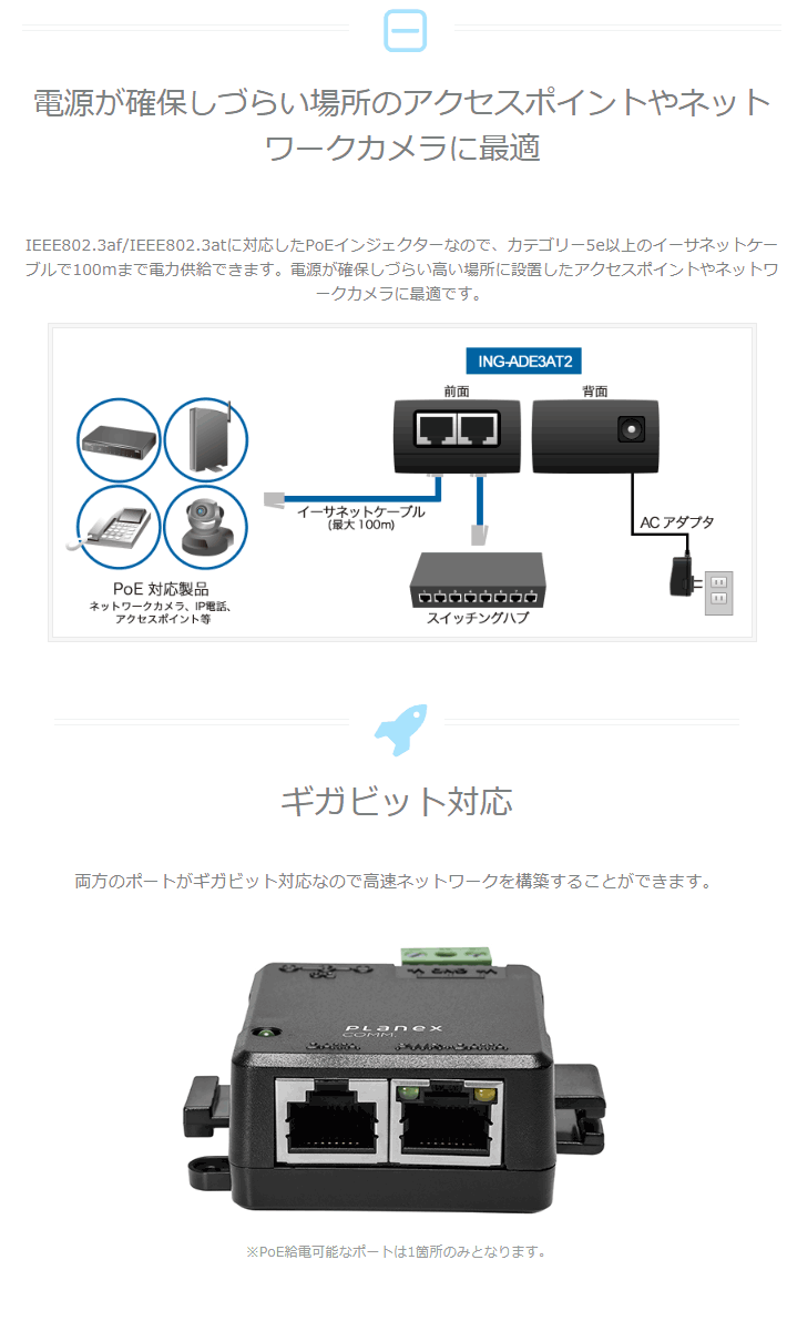 ギガビット対応 PoEインジェクター（アダプター） INGADE3AT2 【 ムラウチドットコム