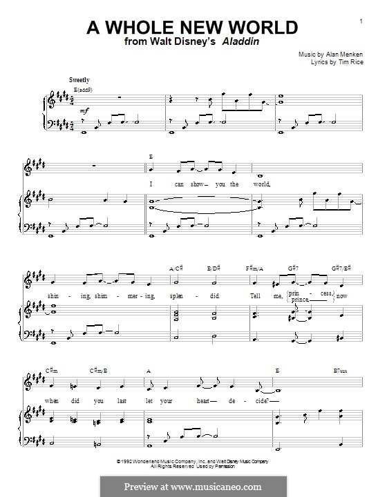 A Whole New World (from Aladdin) by A. Menken sheet music on MusicaNeo
