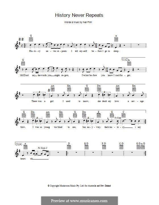 History Never Repeats (Split Enz) by N. Finn sheet music on MusicaNeo
