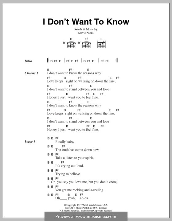 I Don't Want To Know (Fleetwood Mac) by S. Nicks sheet music on MusicaNeo
