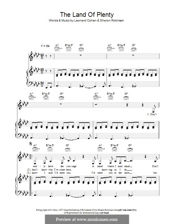 The Land of Plenty by L. Cohen, S. Robinson sheet music on MusicaNeo