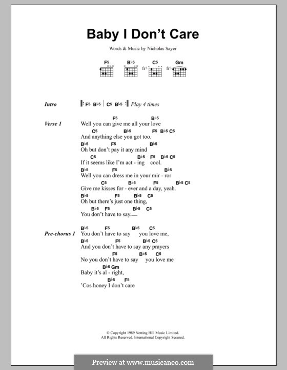 Baby I Don',t Care (Transvision Vamp) by N. Sayer sheet music on MusicaNeo