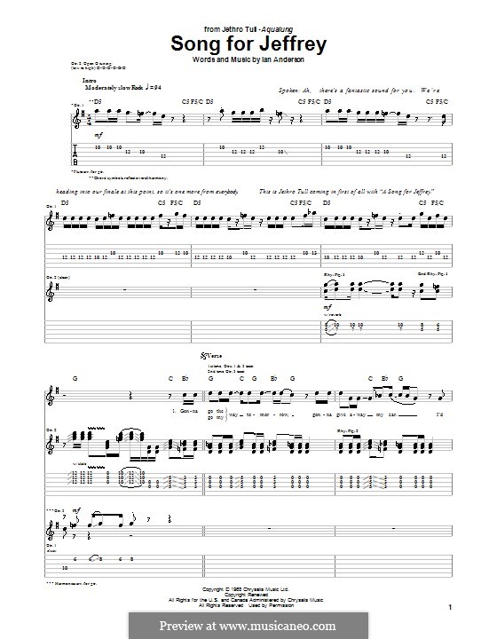 Song for Jeffrey (Jethro Tull) by I. Anderson sheet music on MusicaNeo