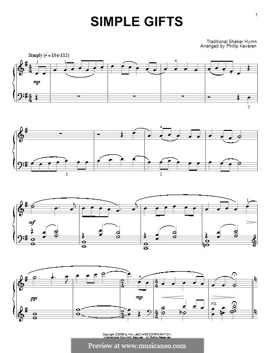 Simple Gifts by folklore sheet music on MusicaNeo