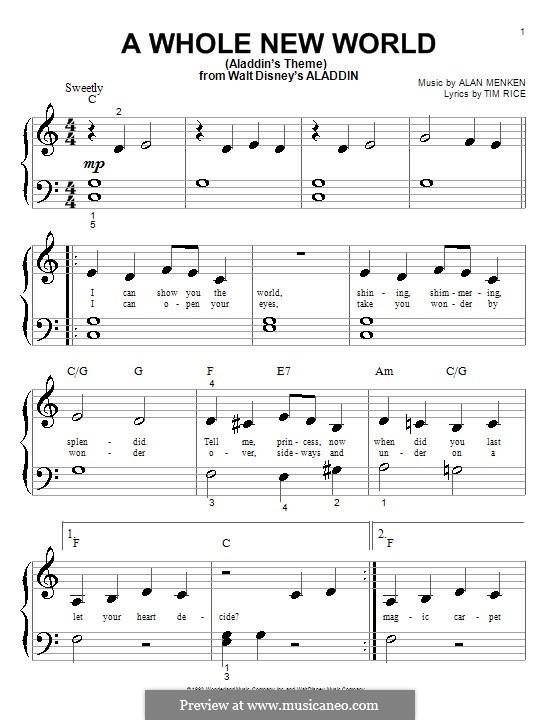 A Whole New World, for Piano (from Aladdin) by A. Menken on MusicaNeo