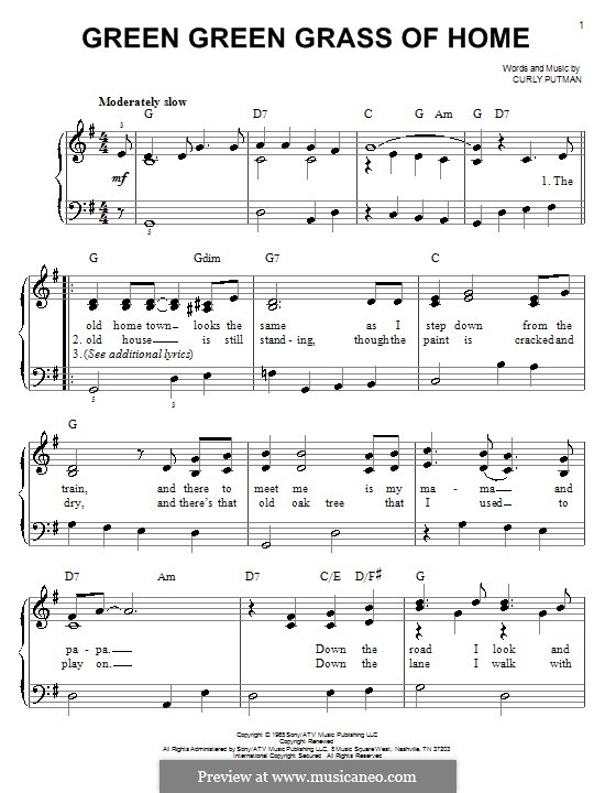 Green Green Grass of Home by C. Putman sheet music on MusicaNeo