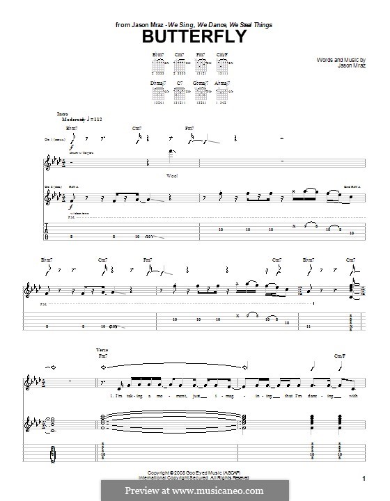 Butterfly by J. Mraz sheet music on MusicaNeo