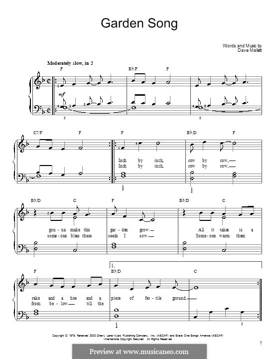 Garden Song by D. Mallet sheet music on MusicaNeo