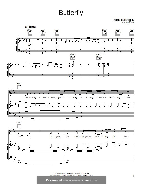 Butterfly by J. Mraz sheet music on MusicaNeo