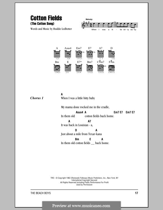 Cotton Fields (The Cotton Song) by H. Ledbetter sheet music on MusicaNeo