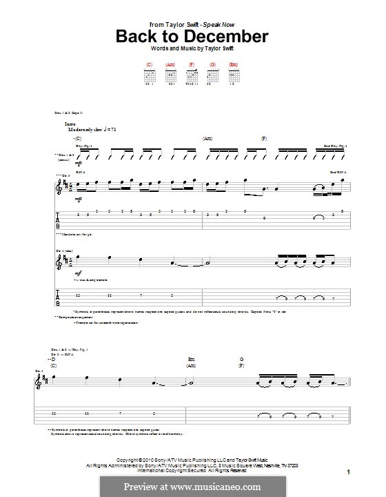 Back to December by T. Swift sheet music on MusicaNeo