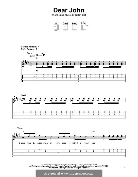 Dear John by T. Swift sheet music on MusicaNeo
