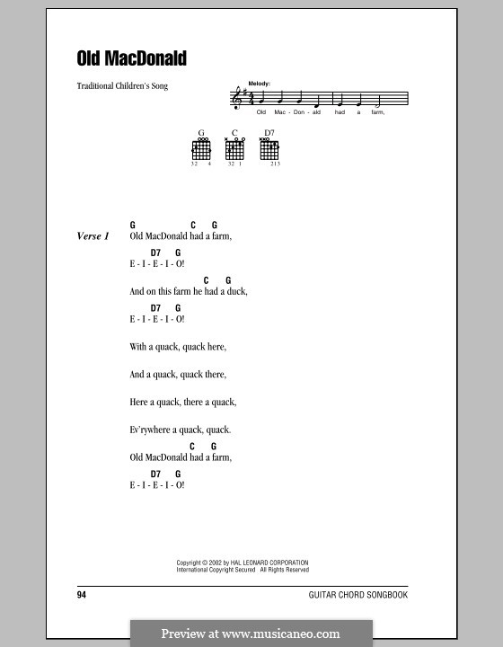 Old MacDonald Had a Farm by folklore sheet music on MusicaNeo