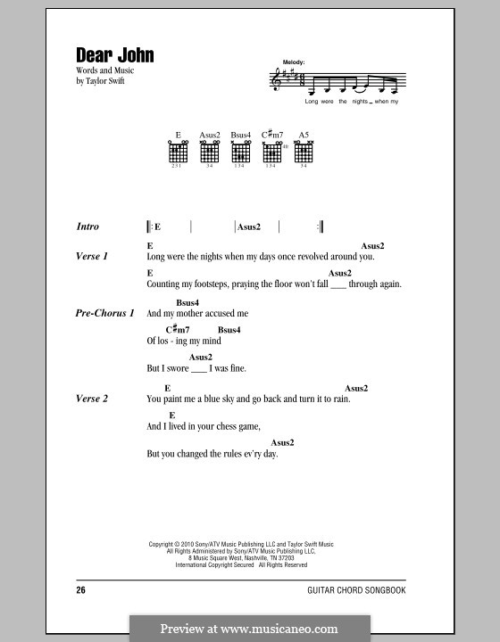 Dear John by T. Swift sheet music on MusicaNeo