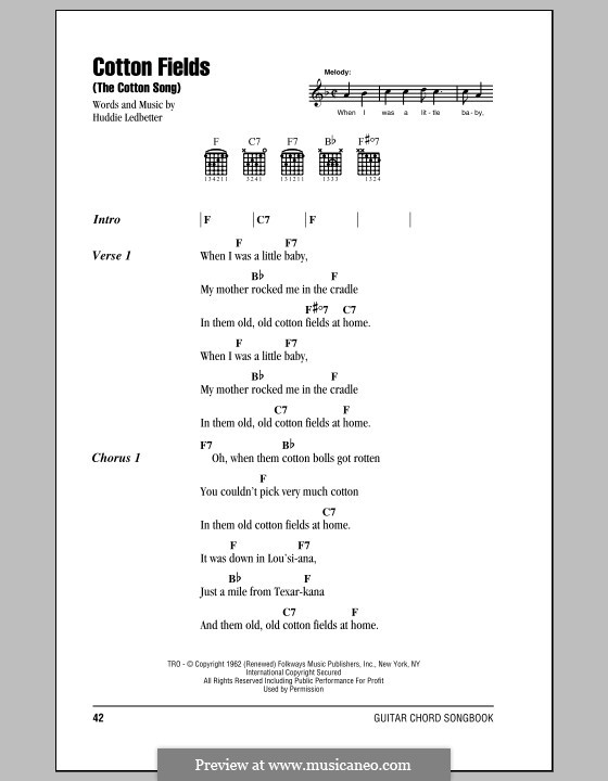 Cotton Fields (The Cotton Song) by H. Ledbetter sheet music on MusicaNeo