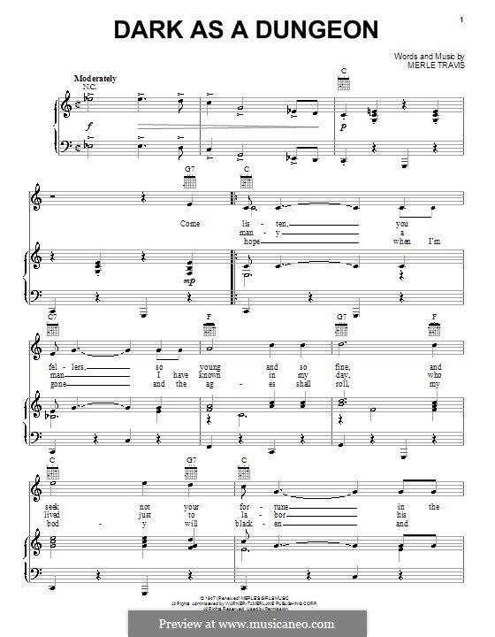 Dark as a Dungeon by J. Cash sheet music on MusicaNeo