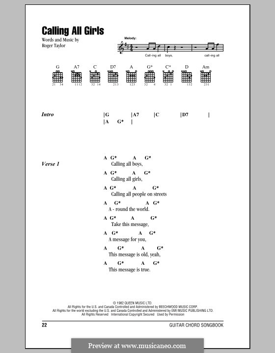 Calling All Girls (Queen) by R. Taylor sheet music on MusicaNeo