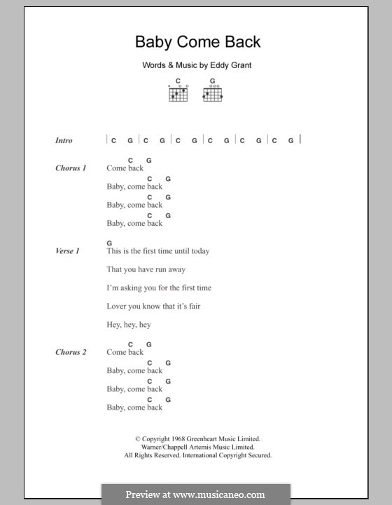 Baby Come Back by E. Grant sheet music on MusicaNeo