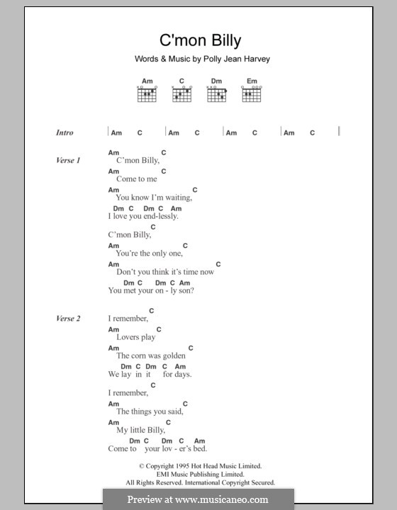 C'mon Billy by P.J. Harvey sheet music on MusicaNeo