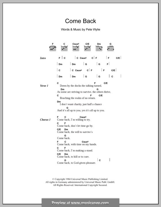 Come Back (The Mighty Wah!) by P. Wylie sheet music on MusicaNeo