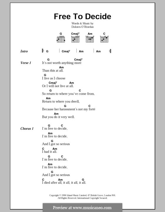 Free to Decide (The Cranberries) by D. O'Riordan sheet music on MusicaNeo