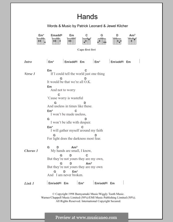 Hands (Jewel) by J. Kilcher, P. Leonard sheet music on MusicaNeo