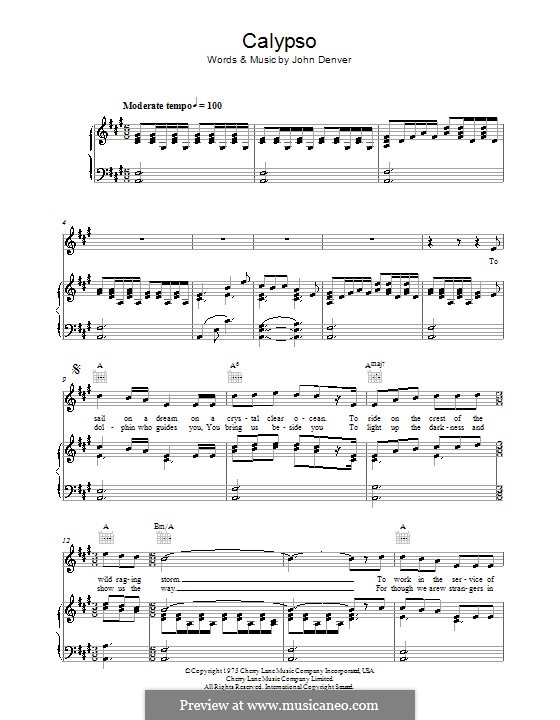 Calypso by J. Denver sheet music on MusicaNeo