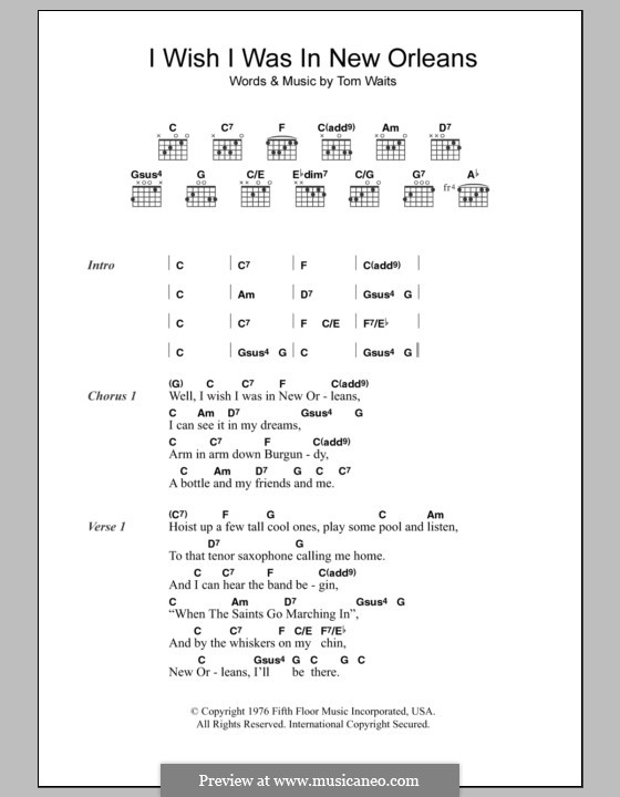I Wish I Was in New Orleans by T. Waits sheet music on MusicaNeo