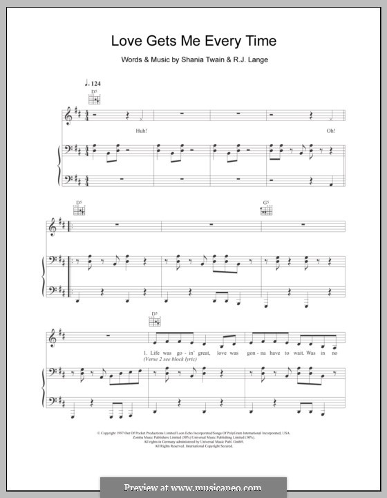 Love Gets Me Every Time by R.J. Lange, S. Twain sheet music on MusicaNeo