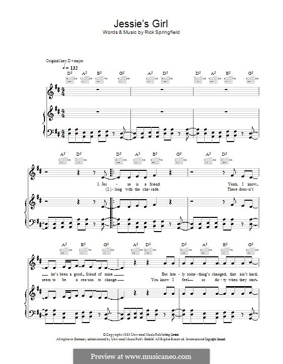 Jessie's Girl by R. Springfield sheet music on MusicaNeo