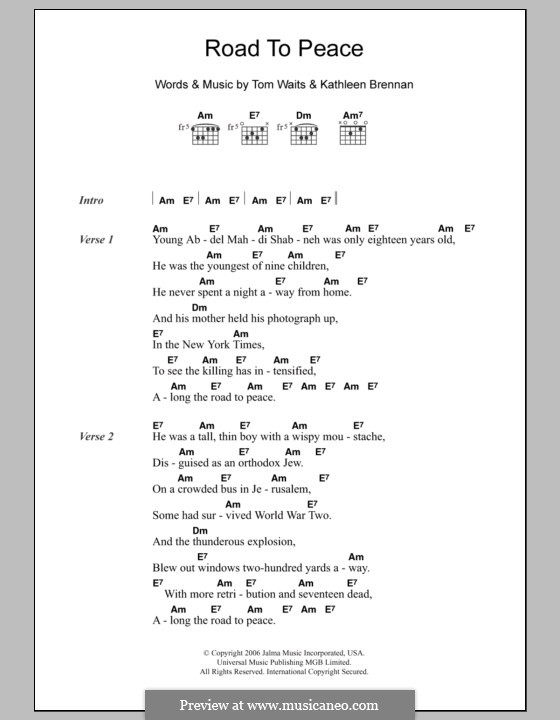 Road to Peace by K. Brennan, T. Waits sheet music on MusicaNeo