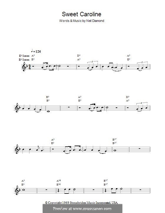 Sweet Caroline by N. Diamond sheet music on MusicaNeo