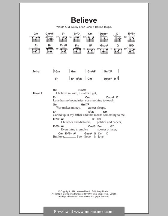 Believe by E. John sheet music on MusicaNeo