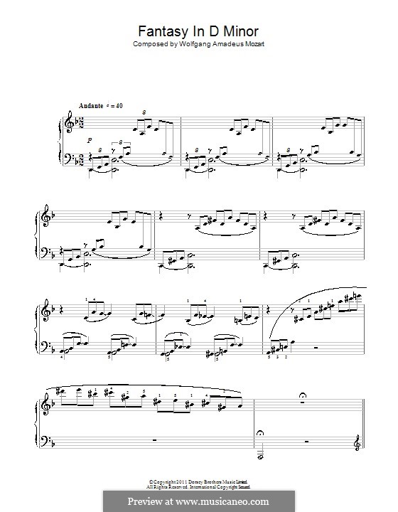 Fantasia for Piano No.3 in D Minor, K.397 by W.A. Mozart on MusicaNeo