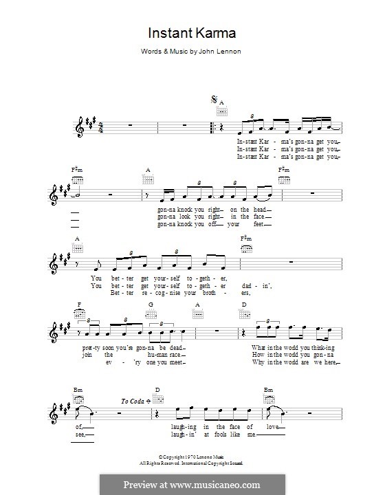 Instant Karma by J. Lennon sheet music on MusicaNeo