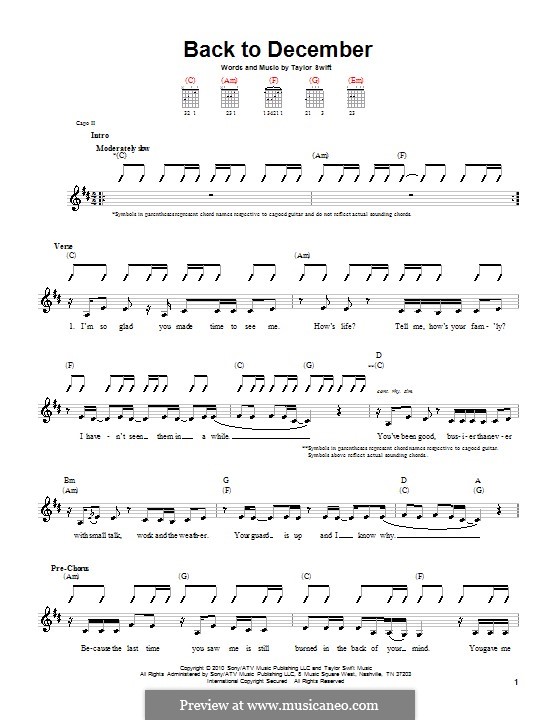 Back to December by T. Swift sheet music on MusicaNeo