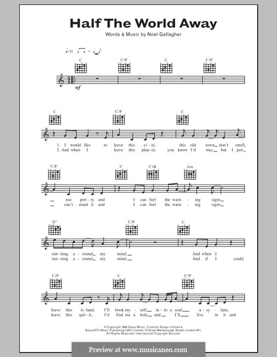 Half the World Away (Oasis) by N. Gallagher sheet music on MusicaNeo