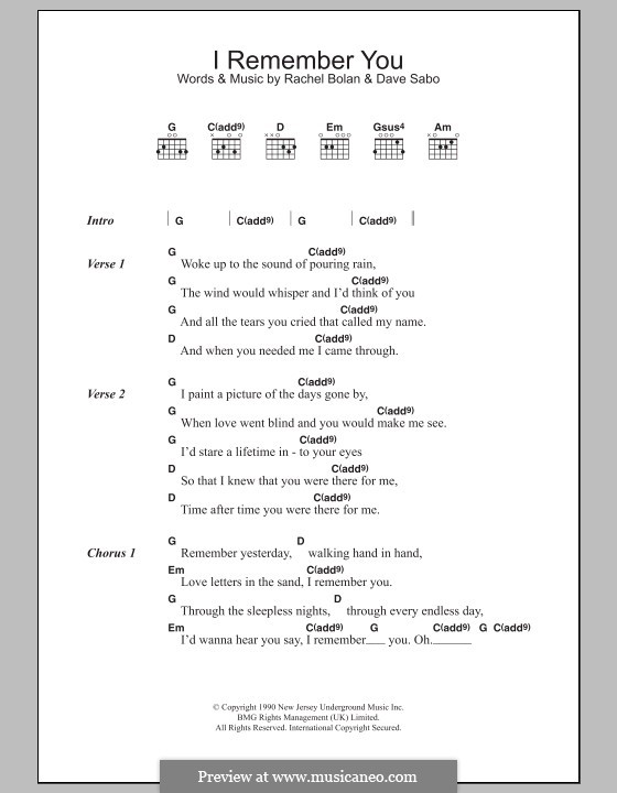 I Remember You (Skid Row) by The Snake, R. Bolan sheet music on MusicaNeo