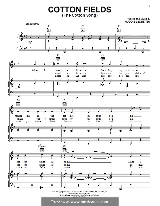 Cotton Fields (The Cotton Song) by H. Ledbetter sheet music on MusicaNeo