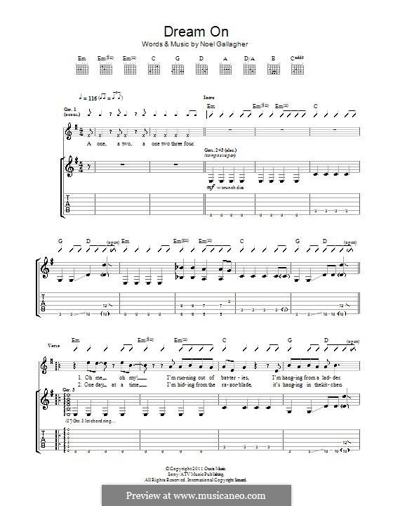 Dream on by N. Gallagher sheet music on MusicaNeo