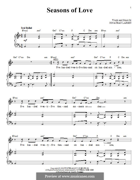 Seasons of Love (from Rent) by J. Larson sheet music on MusicaNeo