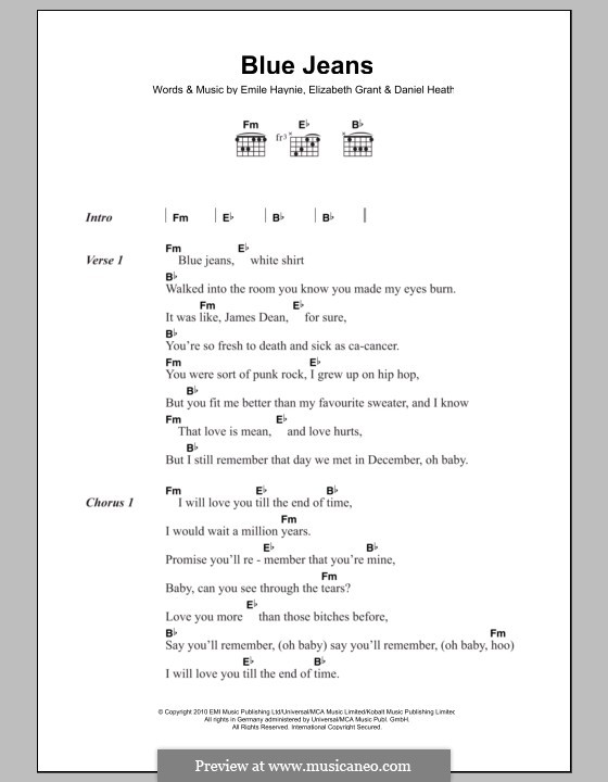 Blue Jeans (Lana Del Rey) by E. Haynie, E. Grant, D. Heath on MusicaNeo