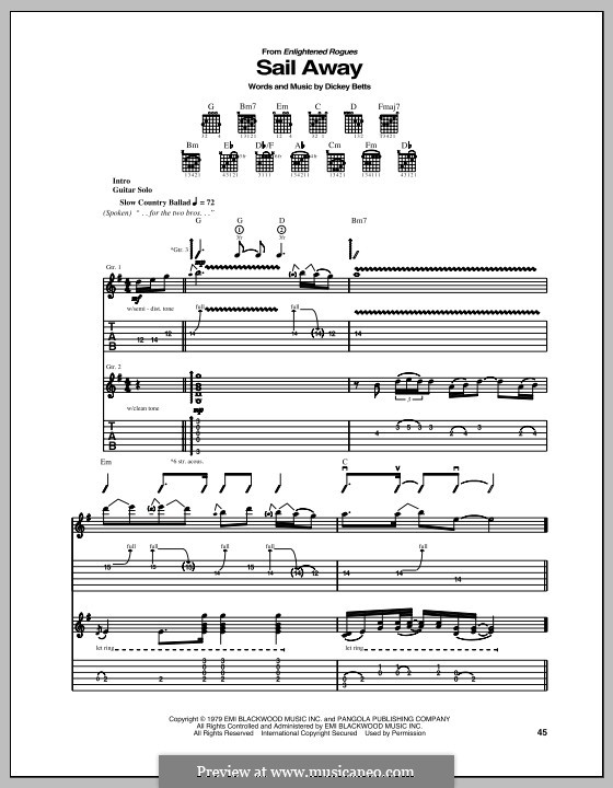 Sail Away (The Allman Brothers Band) by D. Betts sheet music on MusicaNeo