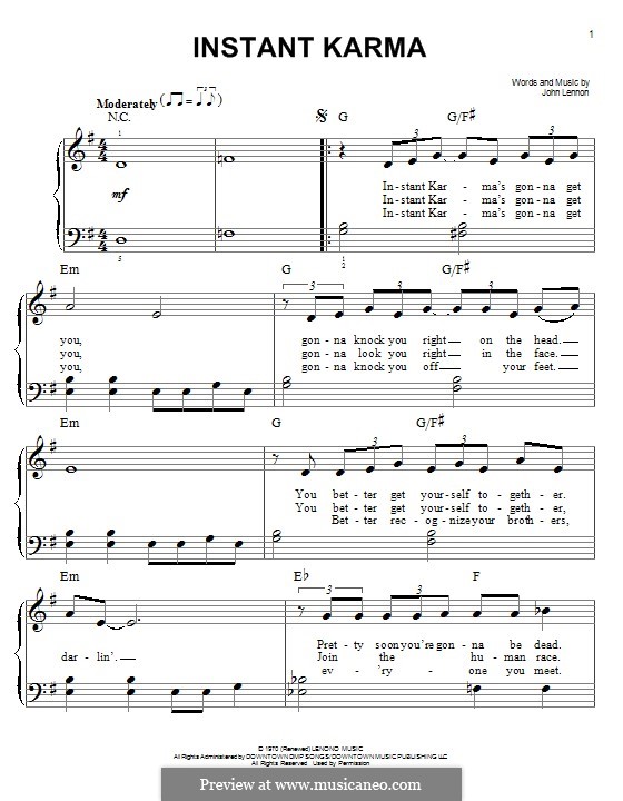 Instant Karma by J. Lennon sheet music on MusicaNeo