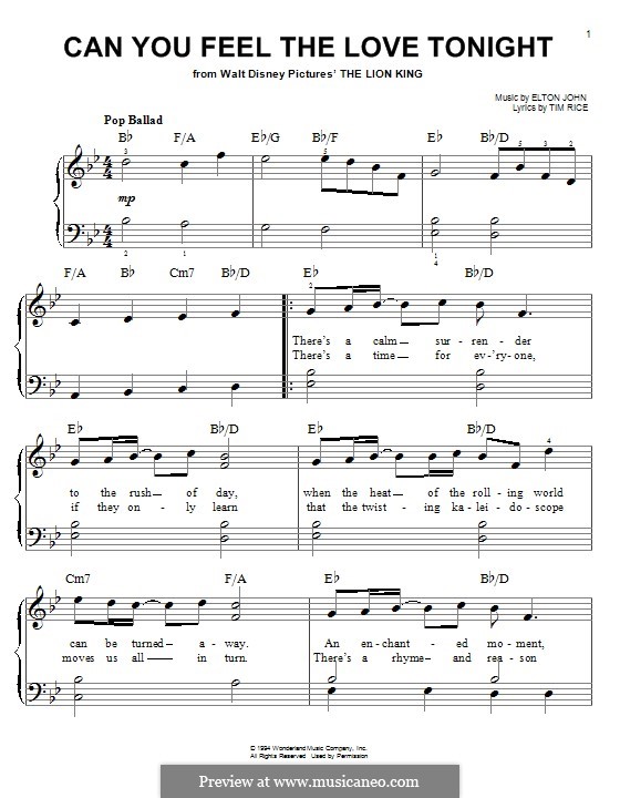 Can You Feel the Love Tonight, for Piano by E. John on MusicaNeo