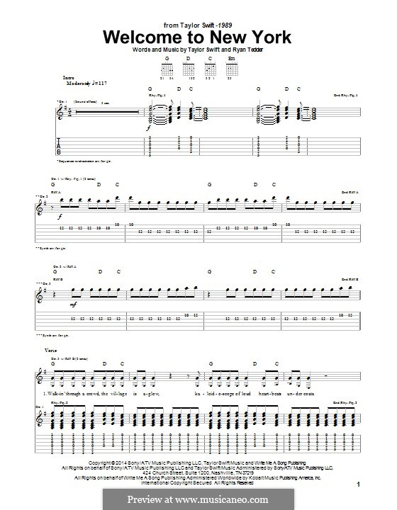 to New York by R.B. Tedder, T. Swift sheet music on MusicaNeo