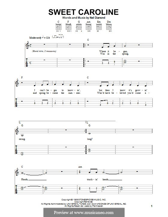 Sweet Caroline by N. Diamond sheet music on MusicaNeo