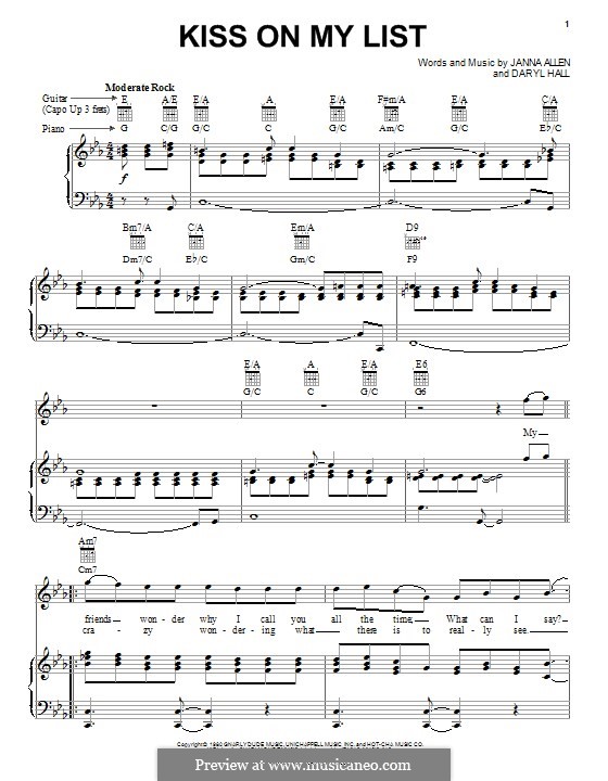 Kiss on My List (Hall & Oates) by D. Hall, J. Allen on MusicaNeo