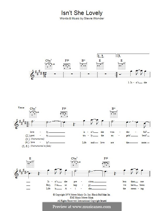 Isn't She Lovely by S. Wonder sheet music on MusicaNeo